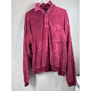 Vintage 80s Towncraft‎ Velour Shirt Henley Polo Sweater Pocket Burgundy Size 16